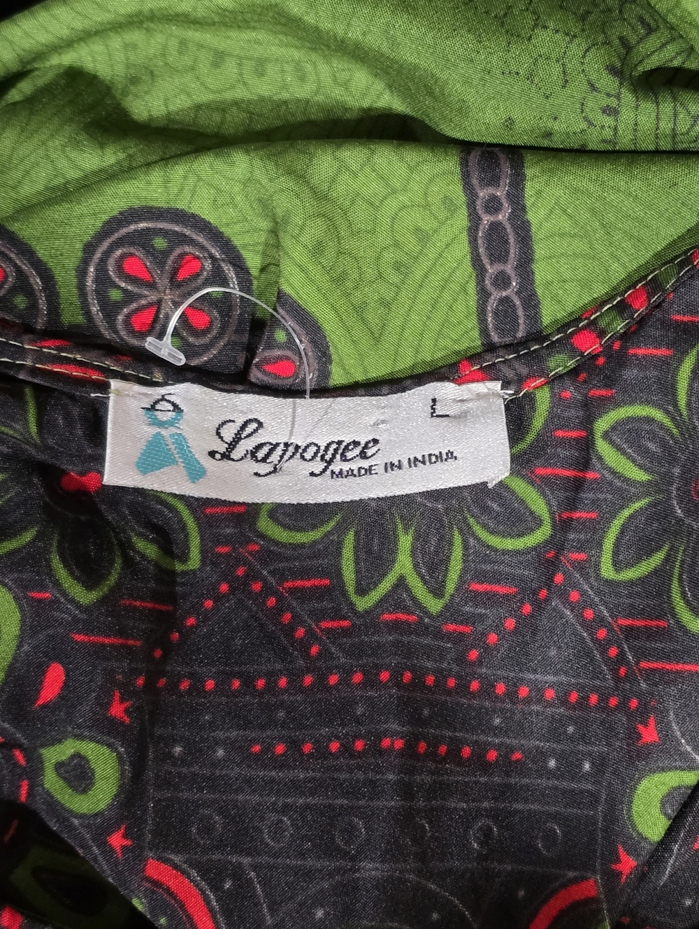 Lapogee Bold Print Green Short-Sleeve Dress with Red & Black Accents - Picture 9 of 11